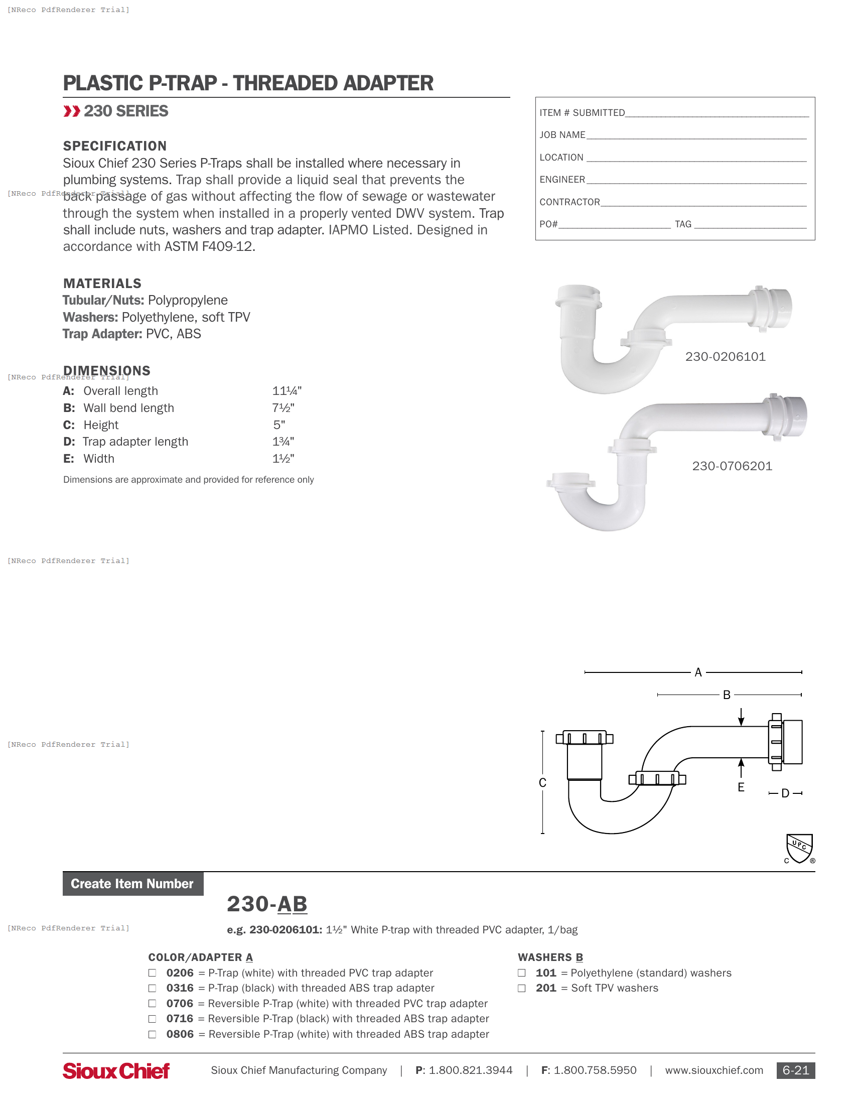 230 SERIES - PLASTIC P-TRAPS WITH TRAP ADAPTER - SPEC SHEET.PDF Specification Document